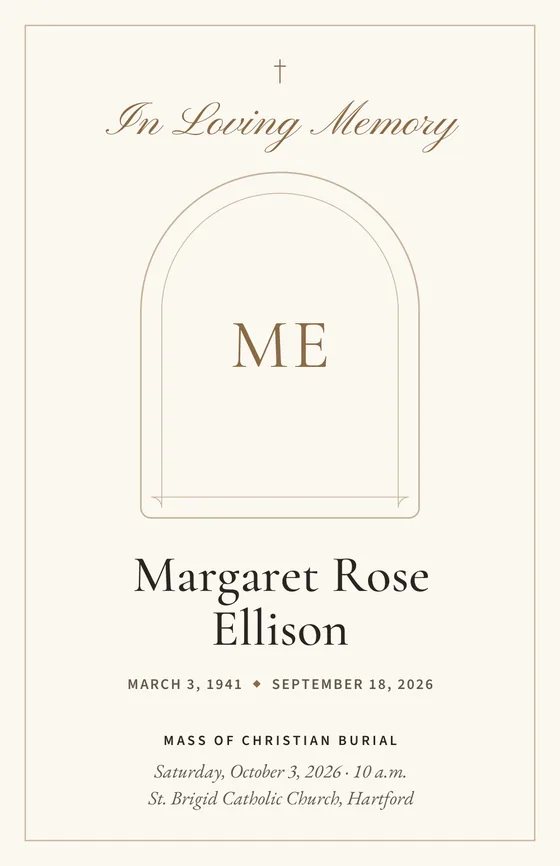 Sample funeral program cover: Margaret Rose Ellison, with a monogram where the photo goes
