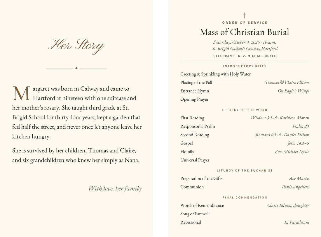 Sample inside pages of the program: the life story on the left and the order of service on the right