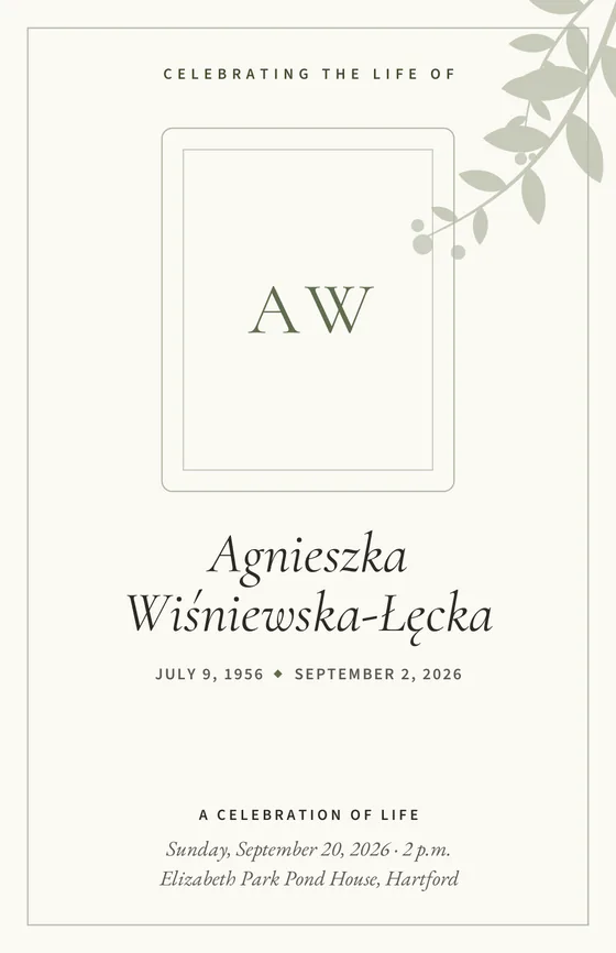 Portada de muestra de un programa funeral: Agnieszka Wiśniewska-Łęcka, con un monograma en el lugar de la foto