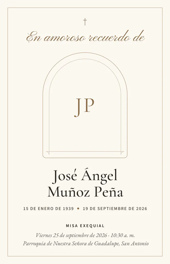 Portada de muestra de un programa funeral: José Ángel Muñoz Peña, con un monograma en el lugar de la foto